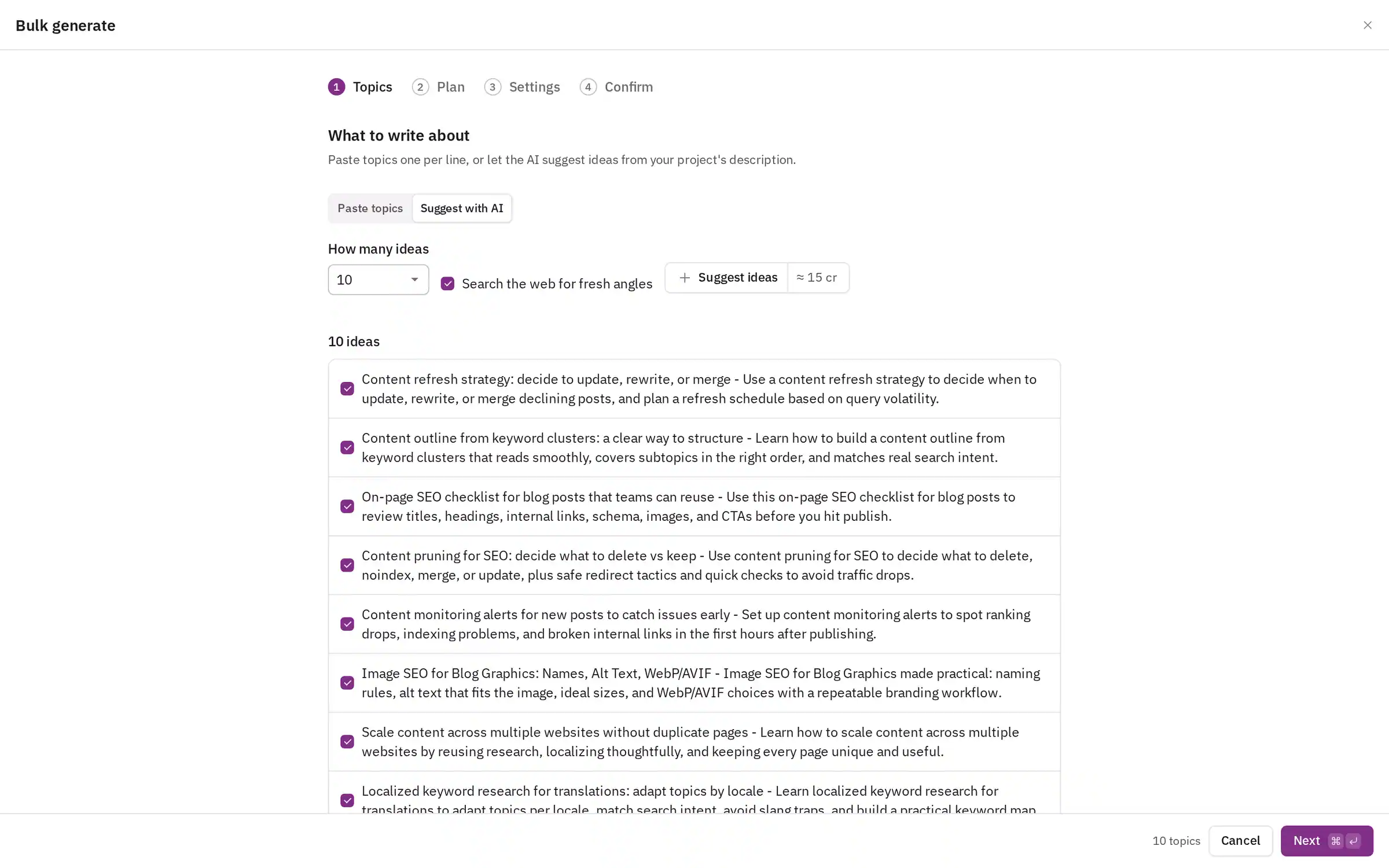An idea batch: topics suggested from the project's site and market, ready to queue