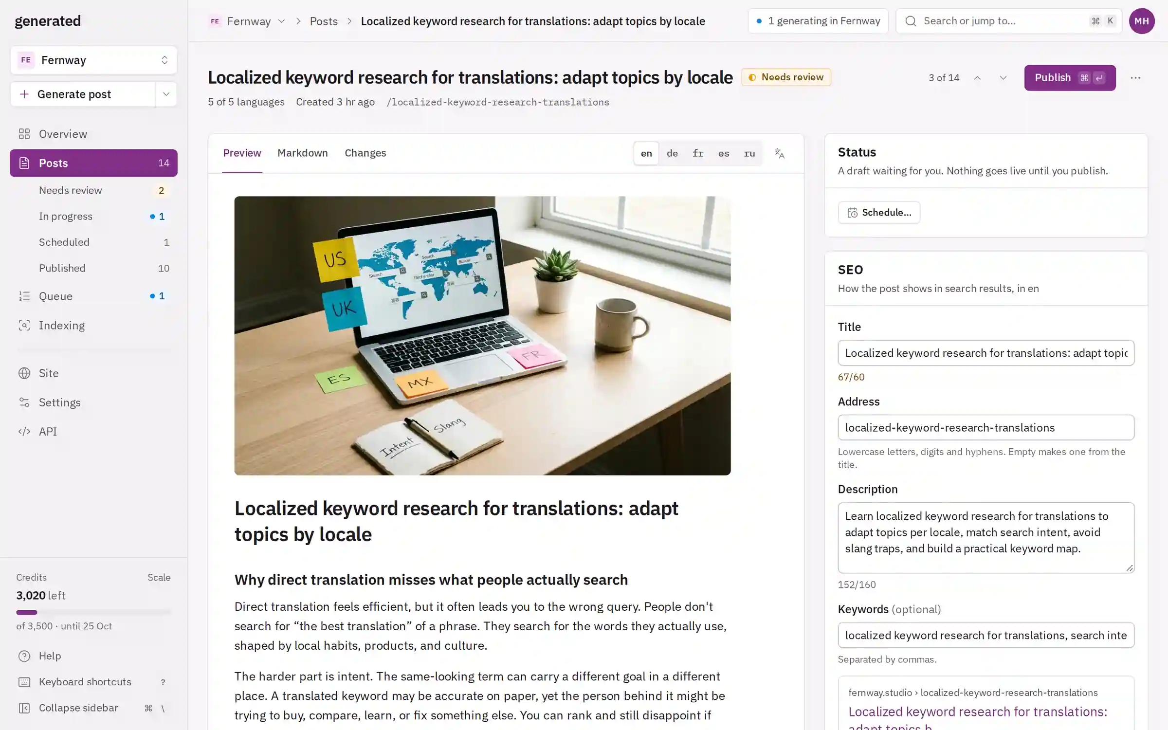 The article waiting for review in Generated: preview, languages, title, address and description