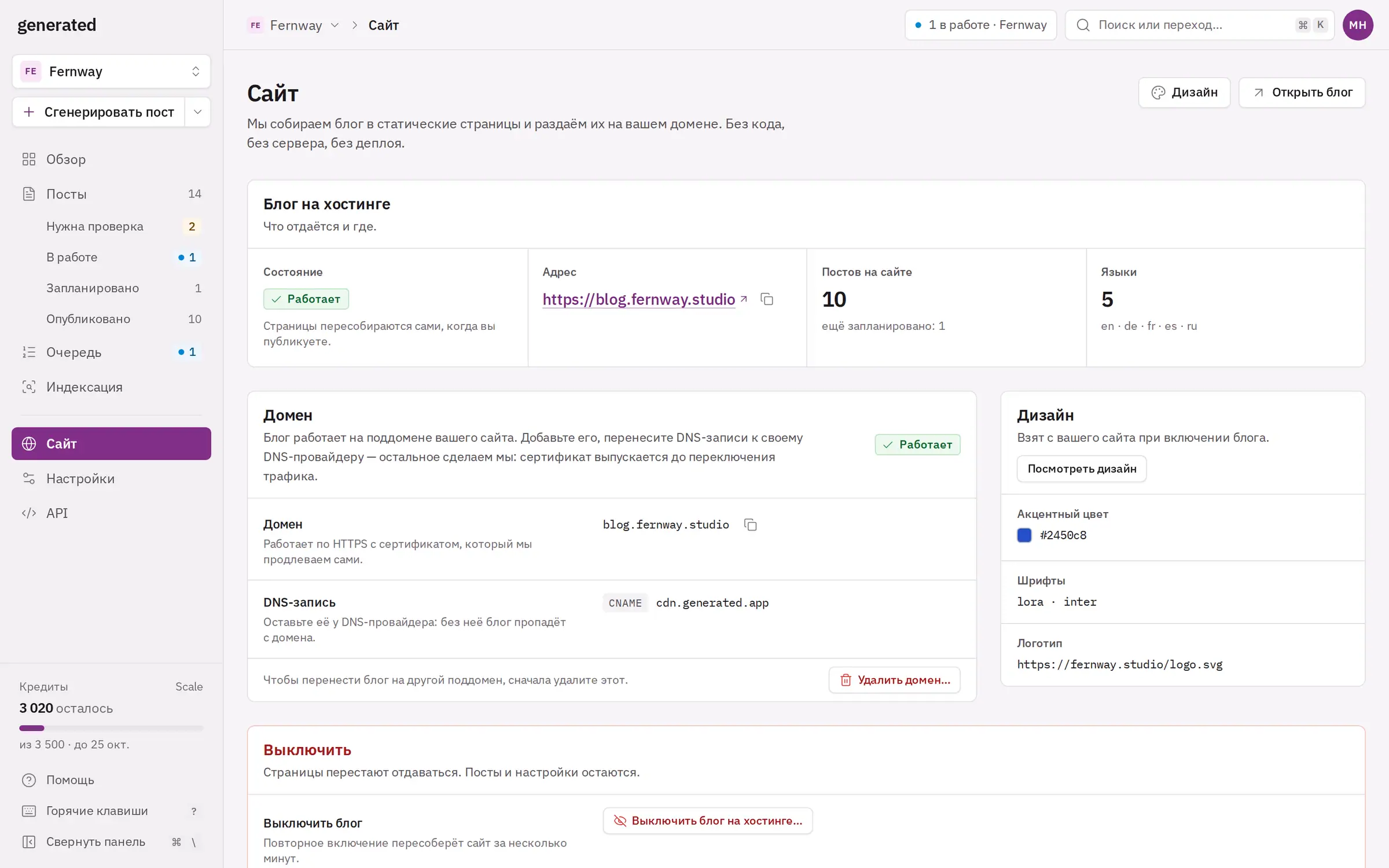 Страница «Сайт»: блог работает на blog.fernway.studio на пяти языках, стиль взят с fernway.studio